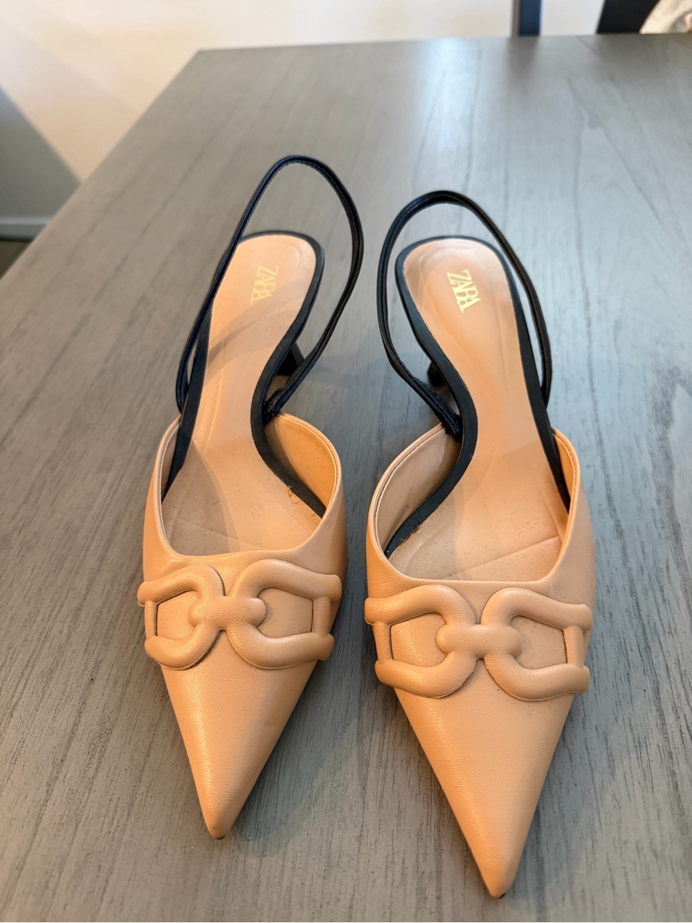 Zara Beige Pointed Slingback Mules with Chain Motif